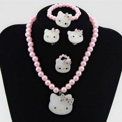 Kids Baby Girls Princess Crystal Pink kitty Cat Necklace