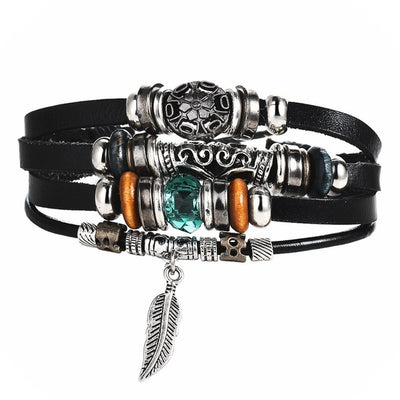 Leaf Feather Multilayer Leather Bracelet Men