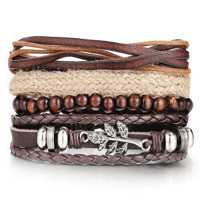 Leaf Feather Multilayer Leather Bracelet Men