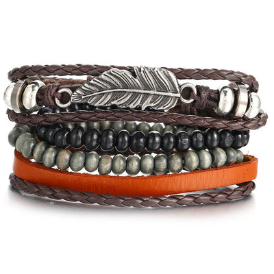 Leaf Feather Multilayer Leather Bracelet Men