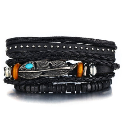 Leaf Feather Multilayer Leather Bracelet Men