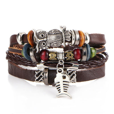 Leaf Feather Multilayer Leather Bracelet Men