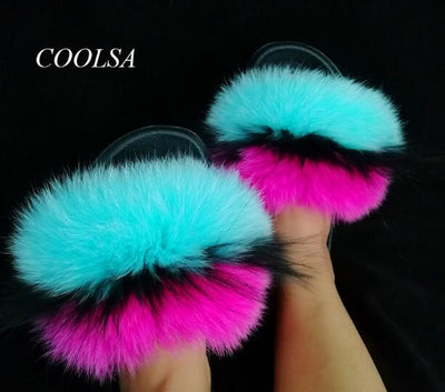 COOLSA Ladies Colorful Fox Fur Fluffy Slippers