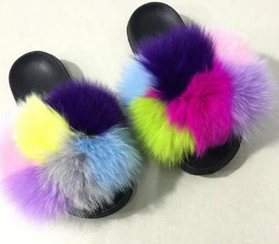 COOLSA Ladies Colorful Fox Fur Fluffy Slippers