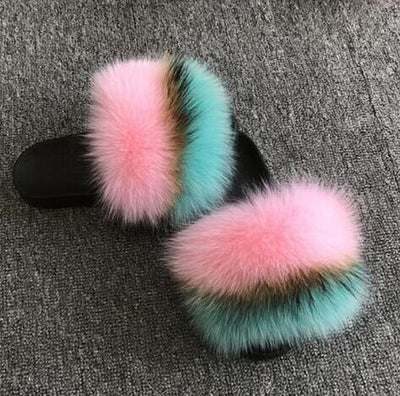 COOLSA Ladies Colorful Fox Fur Fluffy Slippers