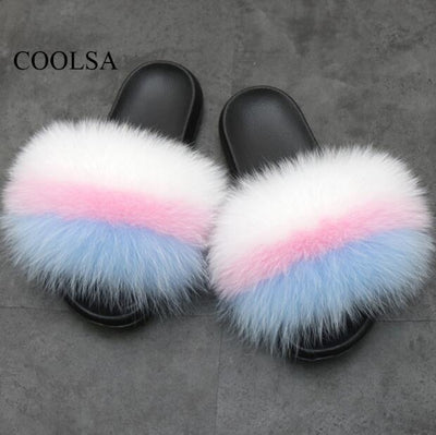 COOLSA Ladies Colorful Fox Fur Fluffy Slippers