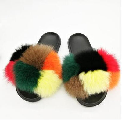 COOLSA Ladies Colorful Fox Fur Fluffy Slippers