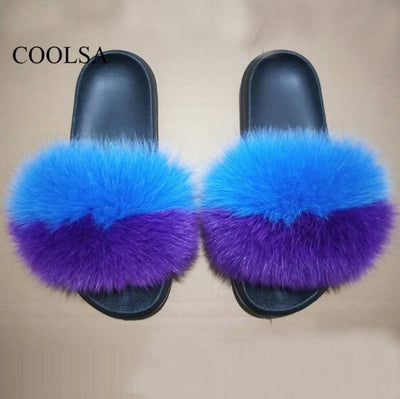 COOLSA Ladies Colorful Fox Fur Fluffy Slippers