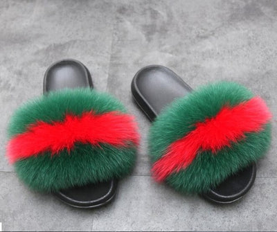 COOLSA Ladies Colorful Fox Fur Fluffy Slippers