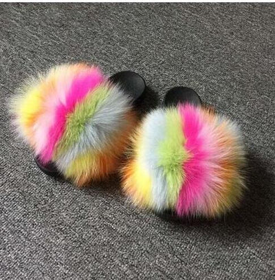 COOLSA Ladies Colorful Fox Fur Fluffy Slippers