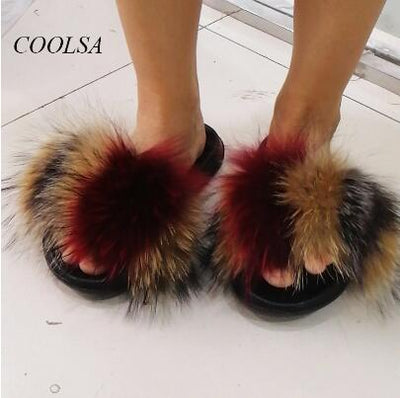 COOLSA Ladies Colorful Fox Fur Fluffy Slippers