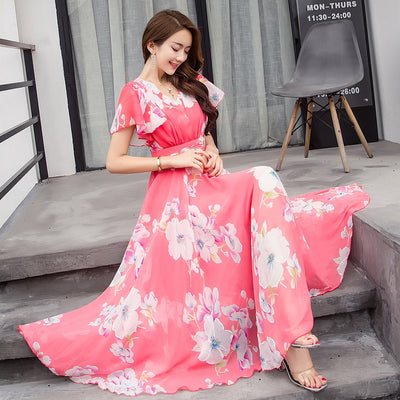 Women V-neck printing Chiffon Bell sleeve Dress