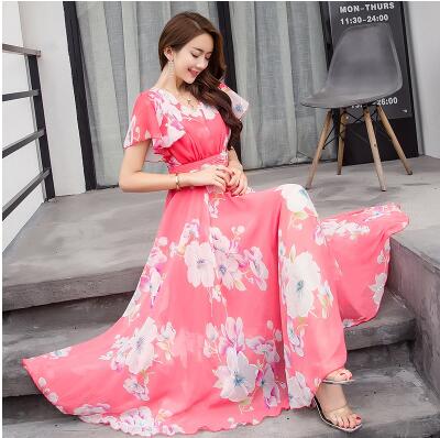 Women V-neck printing Chiffon Bell sleeve Dress