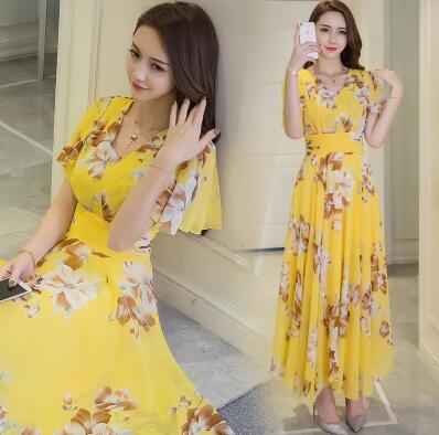 Women V-neck printing Chiffon Bell sleeve Dress